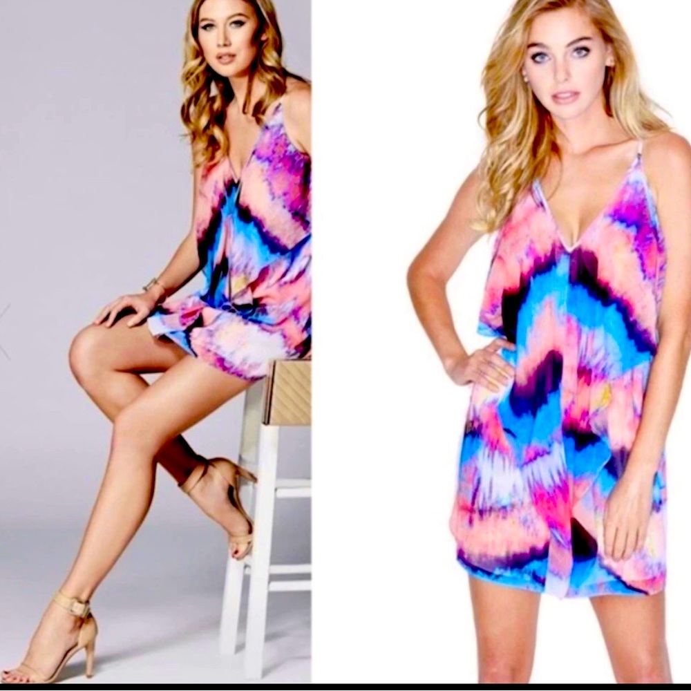 Marciano Reflection Watercolor A Line Ruffle Romantic Mini Dress Woman’s Sz S